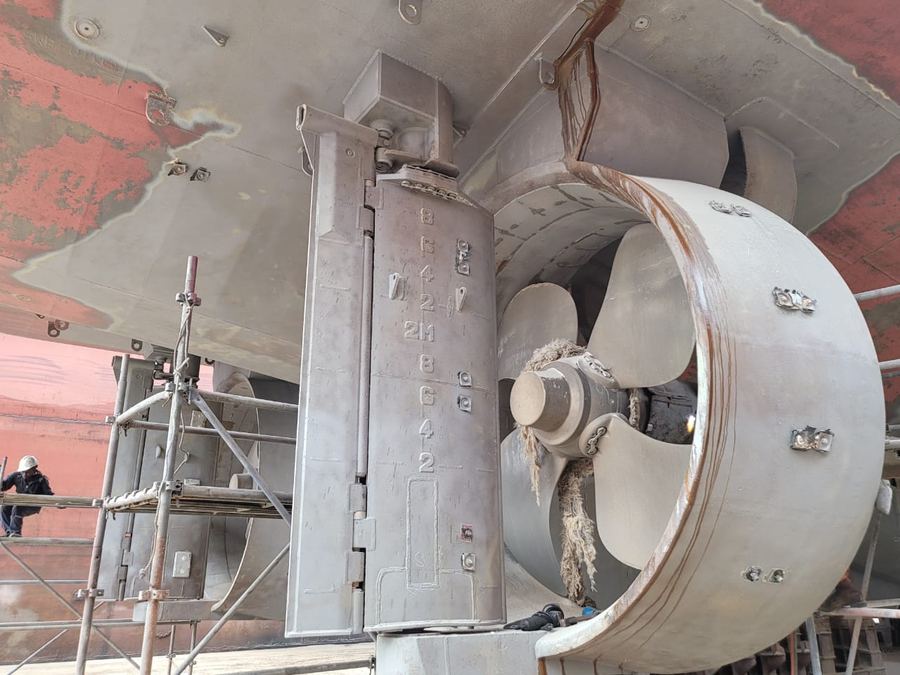 Ducted propeller and rudder unit on a vessel in dry dock